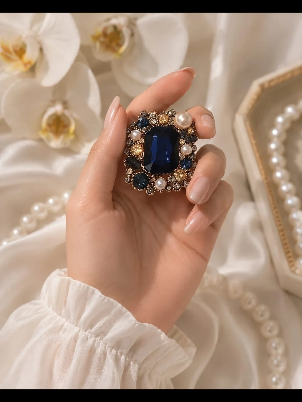 Navy Blue and Champagne Crystal Pearl Brooch - Gold Tone